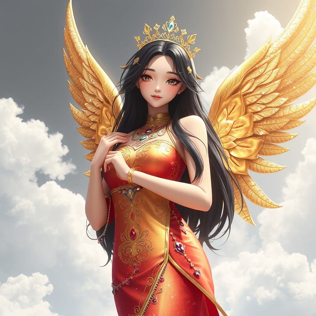 Golden Angel in Anime Style with Glitter Wings