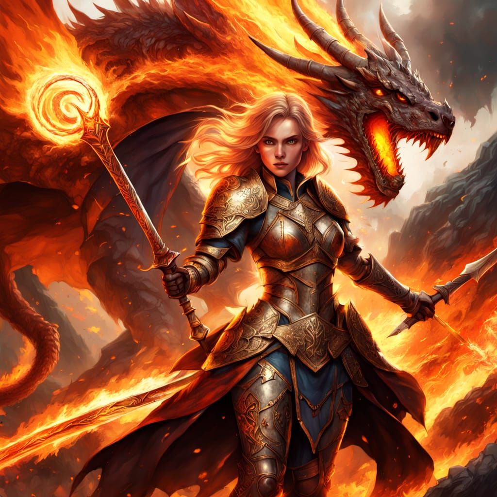 Epic Fantasy Art: Heroine Confronts Fiery Dragon in Dynamic ...
