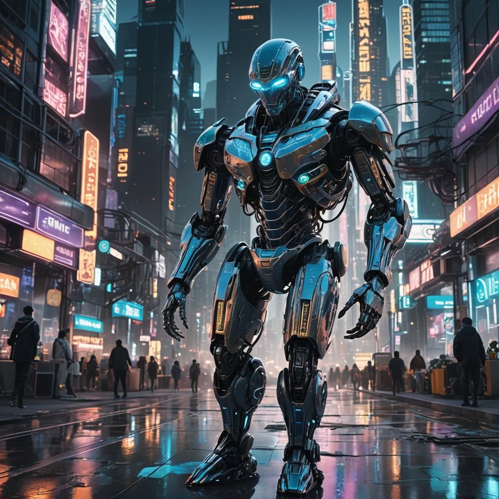 Humanoid Robot Alien in Sci-Fi Cityscape