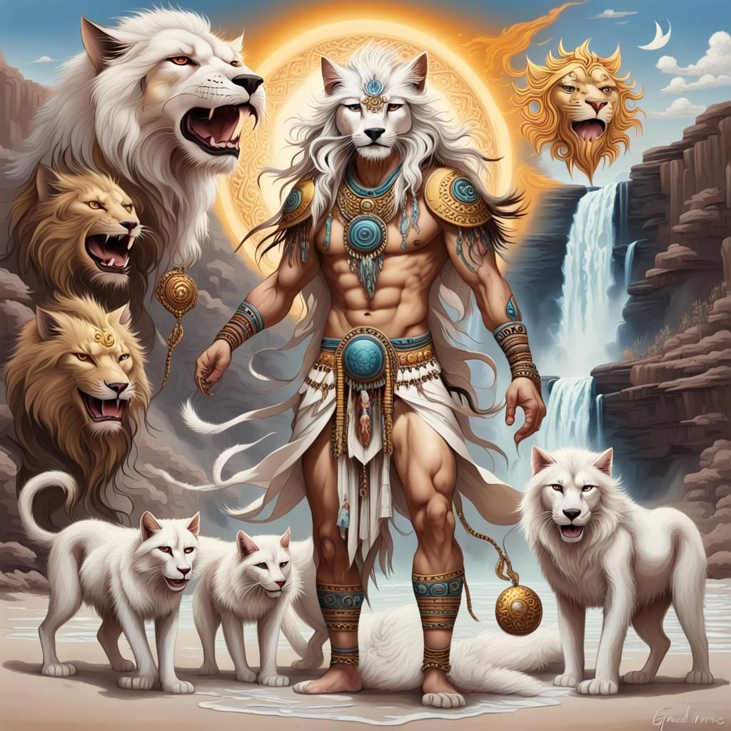 Tribal Shaman Cat-Man Scene with Wolves and Dragons