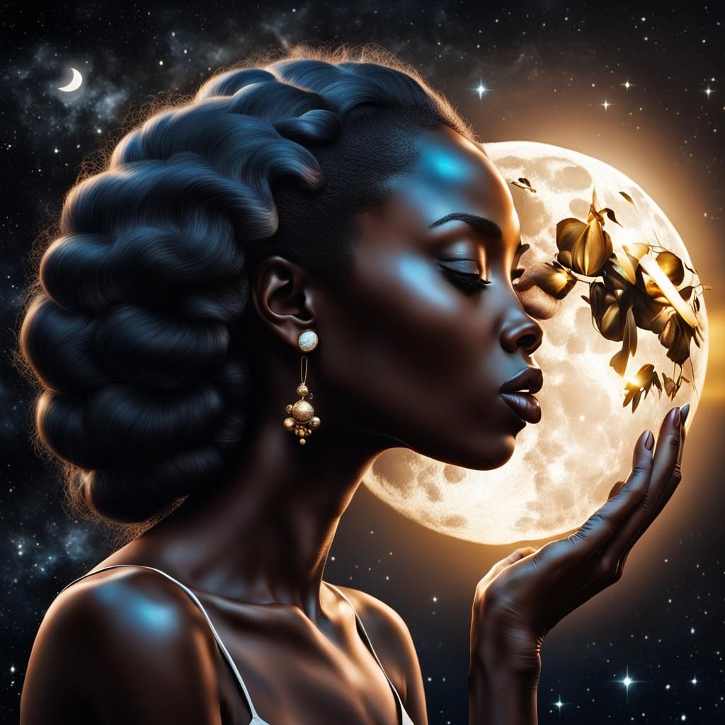 A beautiful melanated woman kissing the moon