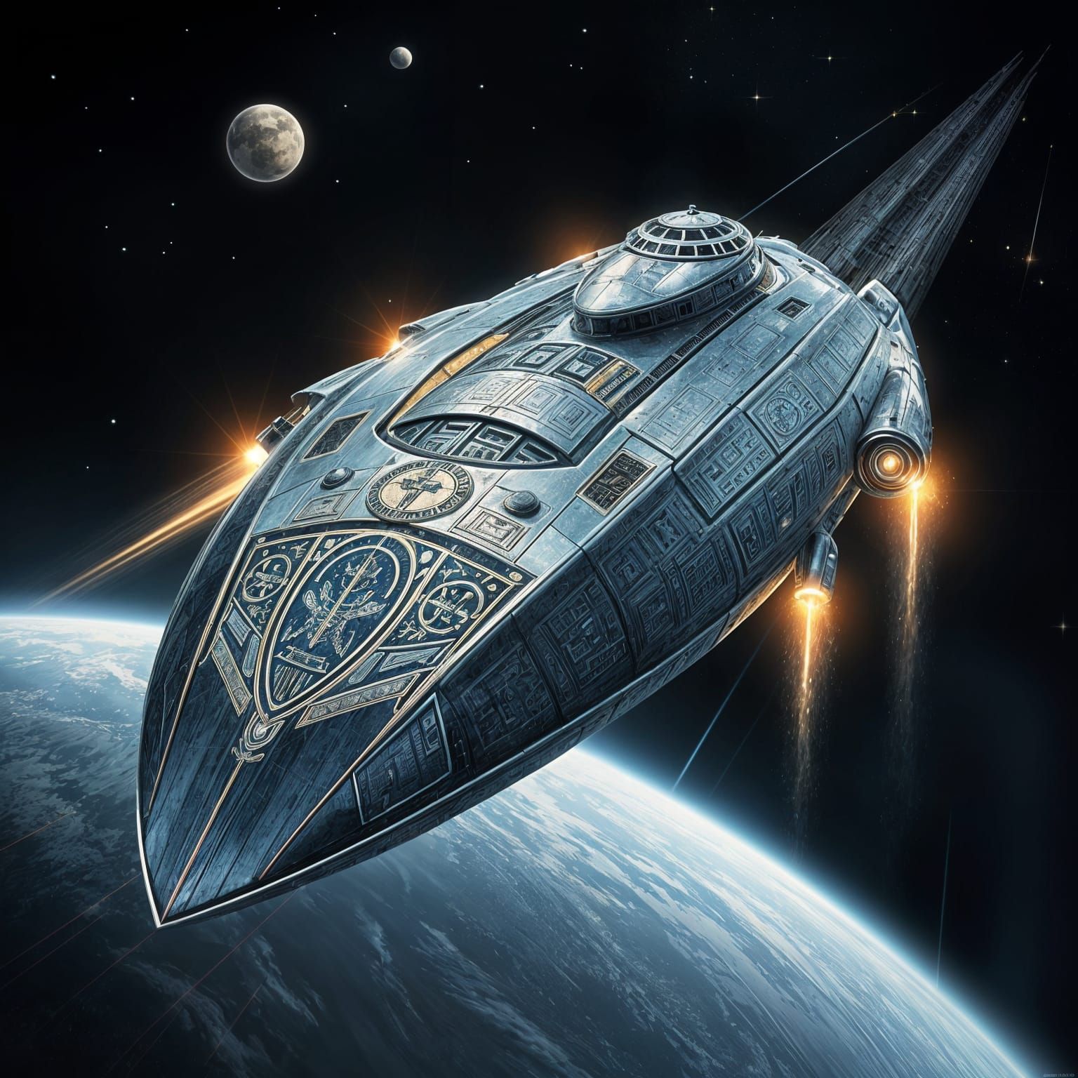 Majestic Art Deco Spaceship Soars Through the Cosmos