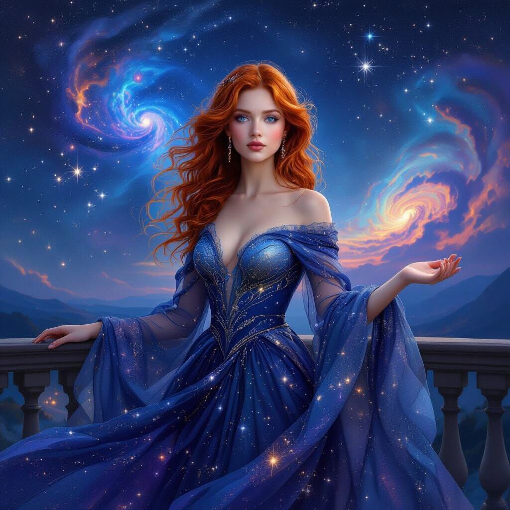 Ethereal Woman Holds Universe in Pre-Raphaelite Style