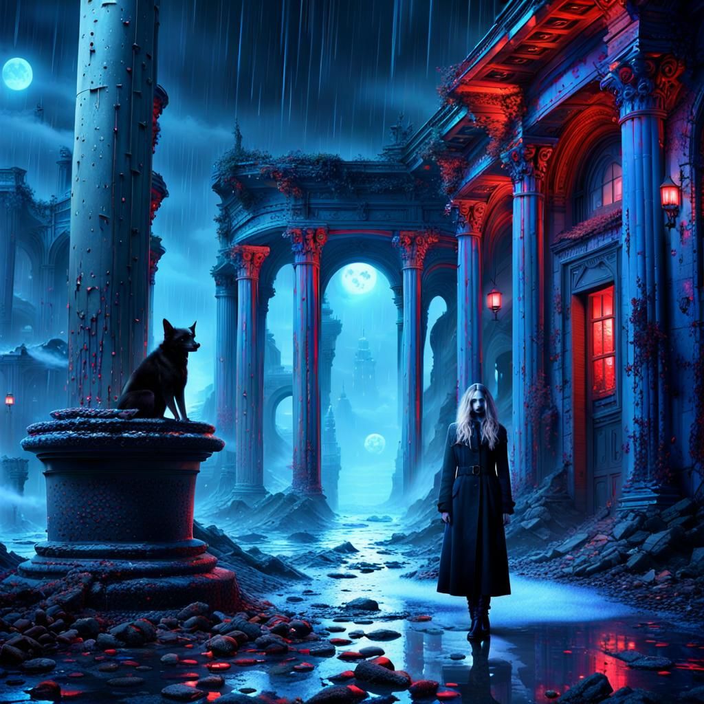 Vampire Model in Abandoned City with Ocean Waves