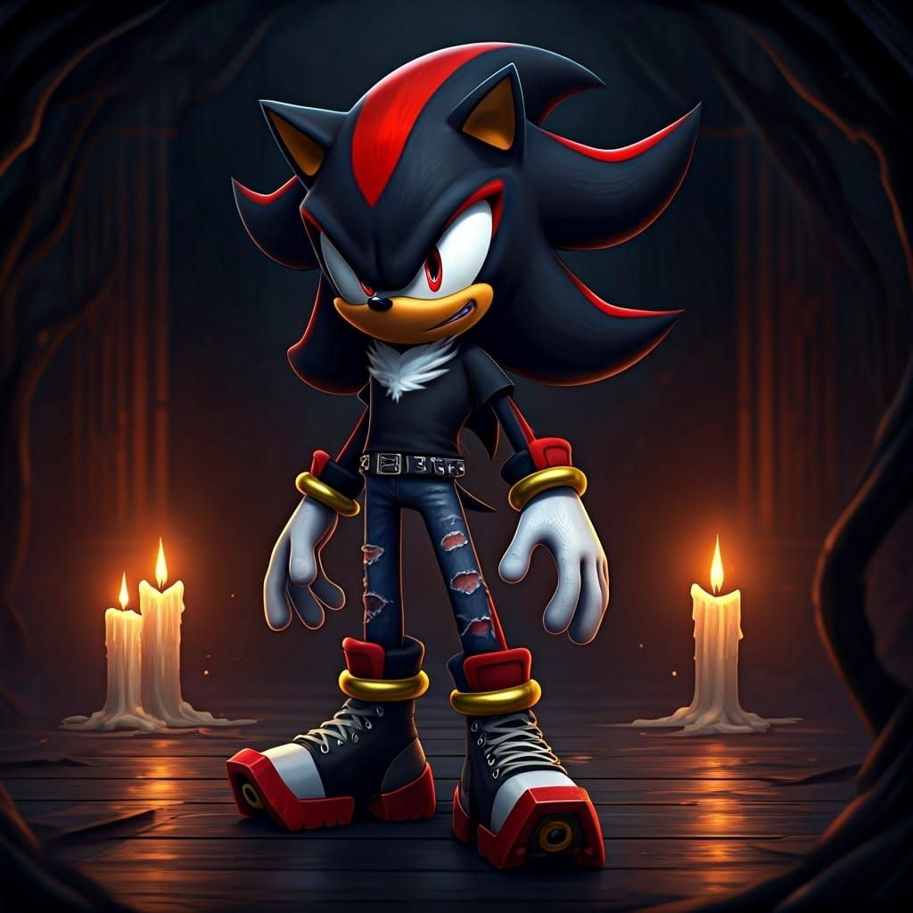 Gothic Emo Shadow the Hedgehog in a Haunting, Candlelit Room