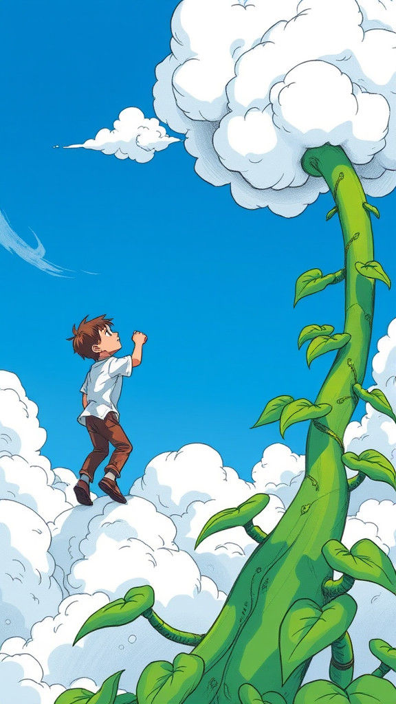 Boy Climbing Beanstalk in Doodle Art Style