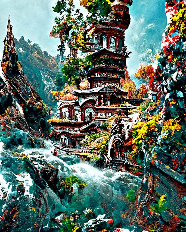 Typography Calligraphy Text Font Style Waterfall Pagoda Microcosm Patterned Textile Industrial Architectural Factory
