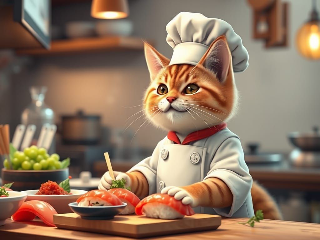 Cute Cat Chef Prepares Sushi in Photorealistic Style