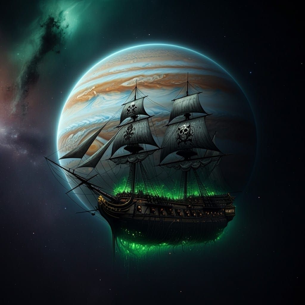 Rococo Jupiter and Biomechanical Ship in Space