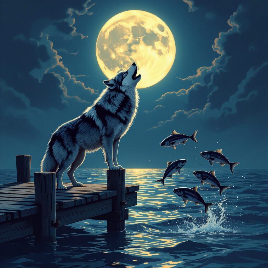 Wolf Howling at Moon on Pier with Fish, Fantasy Matte Painti...