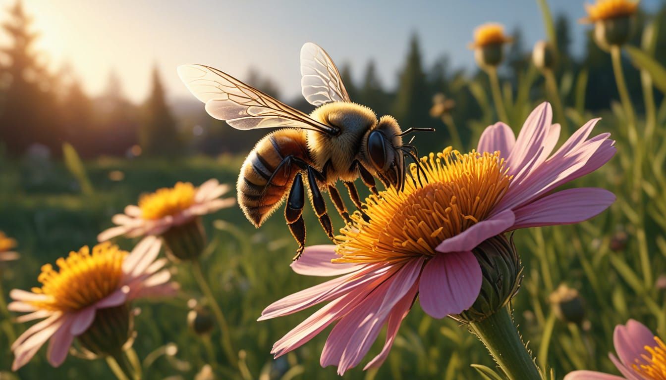 Intricate Bee and Flower Concept Art in Golden Hour Light