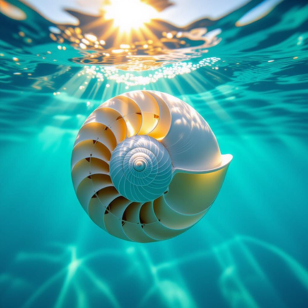 Nautilus in Turquoise Water with Sun Rays