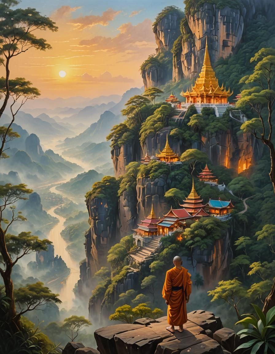 Thailand Temple at Sunset: Oil Painting