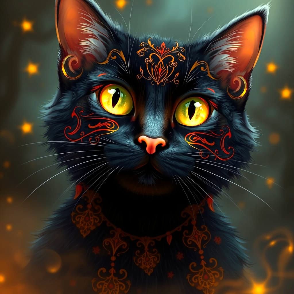 Whimsical Magical Black Cat with Golden Filigree