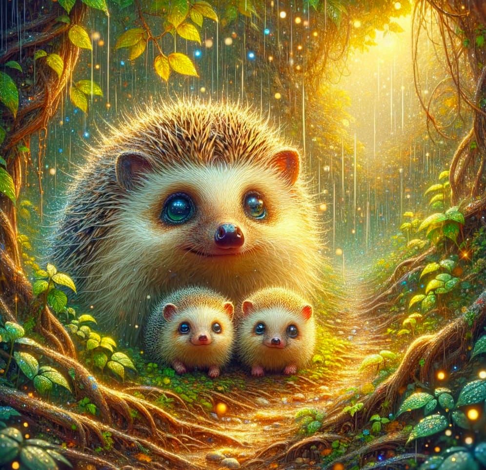 Mother Hedgehog and Pups in Golden Dawn Light