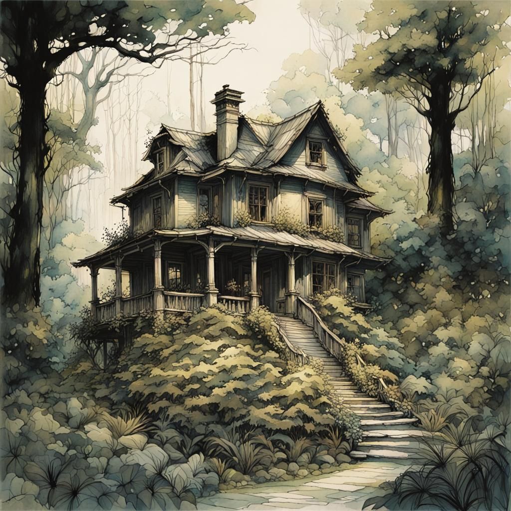 Secluded House in Lush Forest: Pen and Ink Illustration