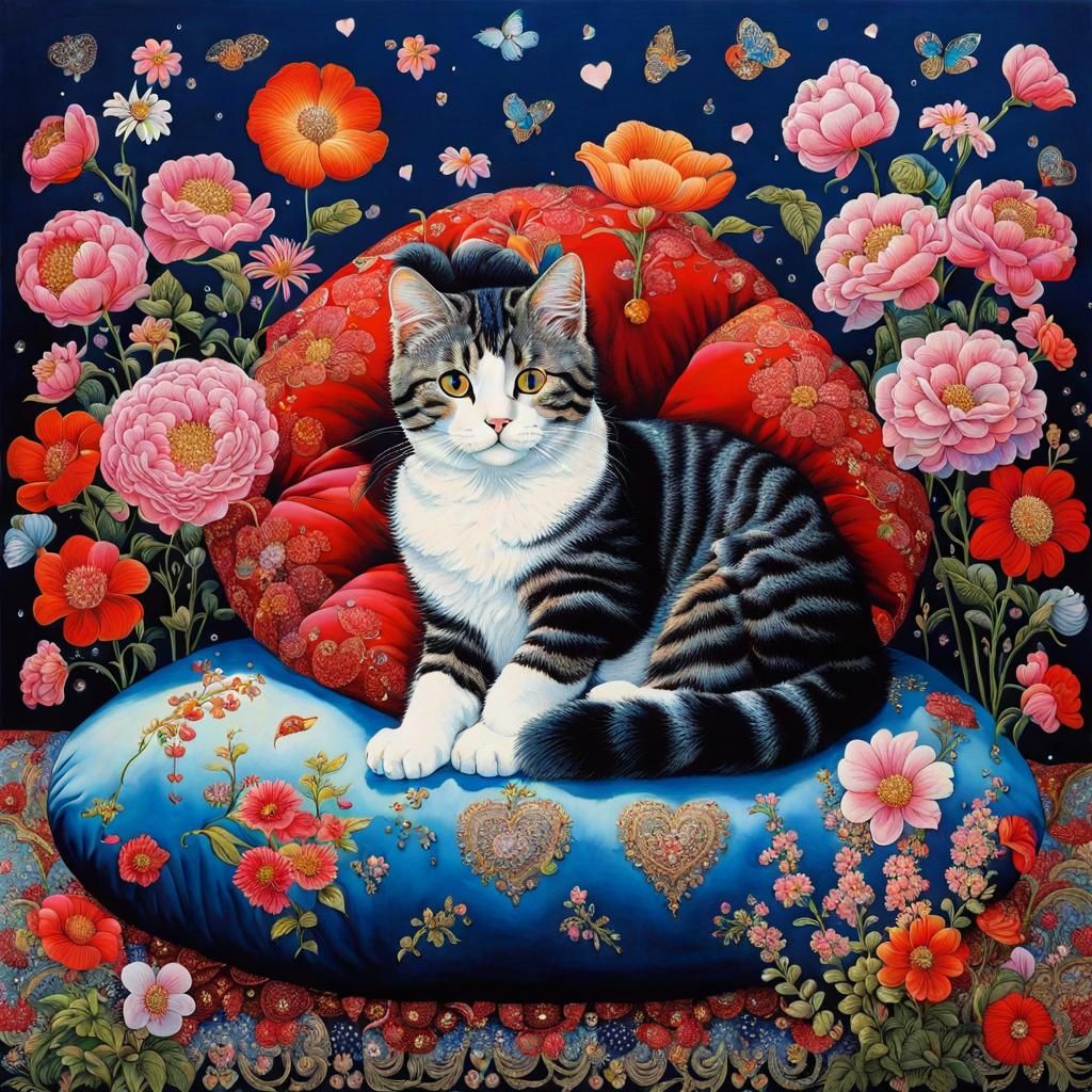 Cat Surrounded by Flowers in Opulent Style
