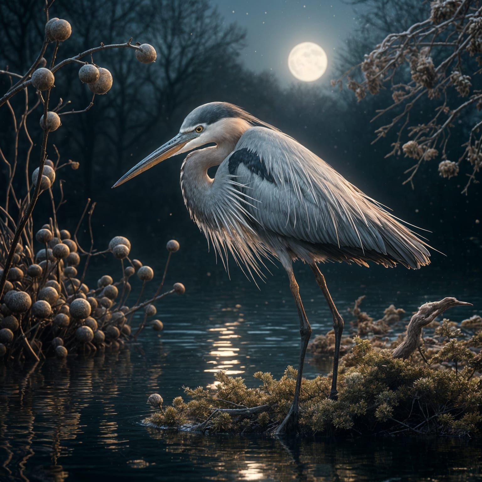 Heron in Winter Moonlight: Photorealistic Landscape