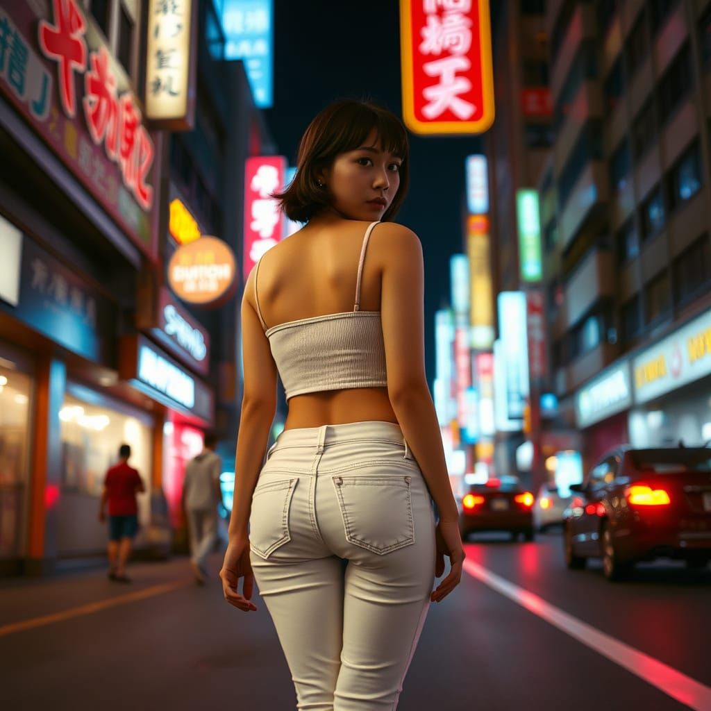 Cute Japanese Woman on Neon Tokyo Street, 80s Style