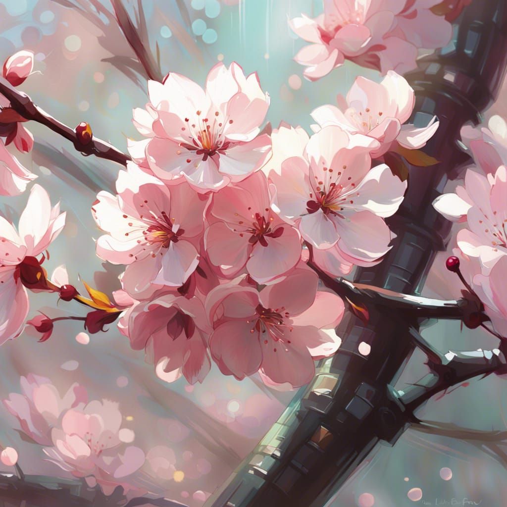 Cherry Blossoms Close-Up in Digital Art Style