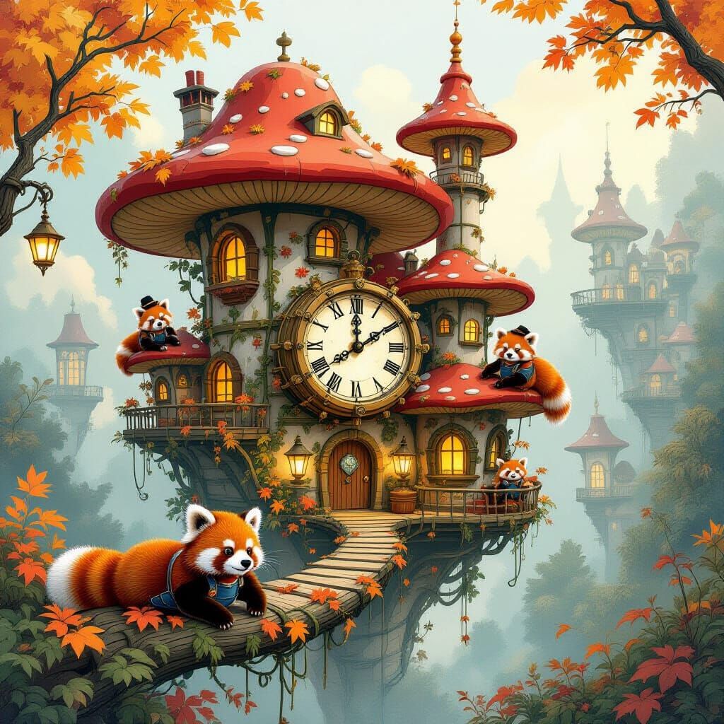Whimsical Clockwork City with Red Pandas in Overalls