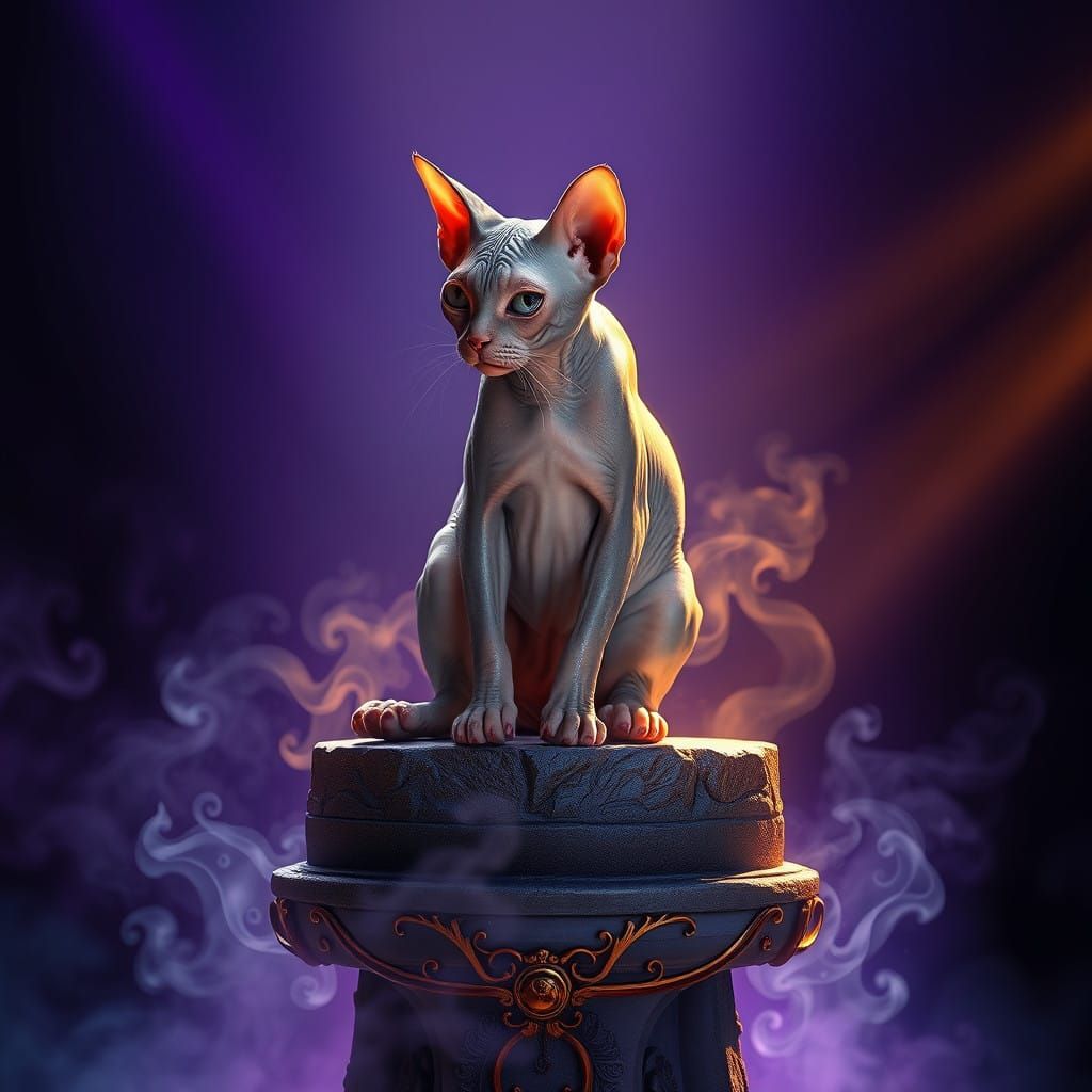 Hairless Feline Goddess on Ancient Pedestal