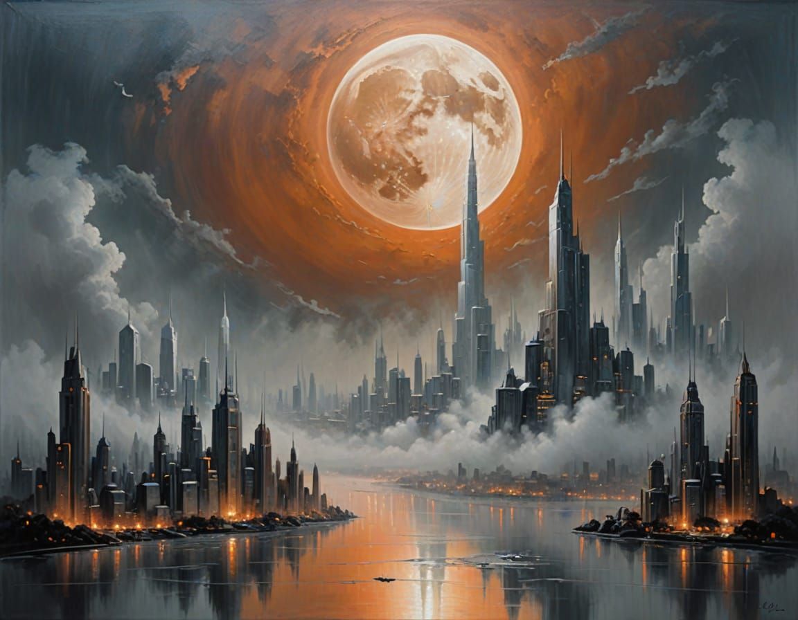 Futuristic Cityscape in Fog, Oil Painting Style