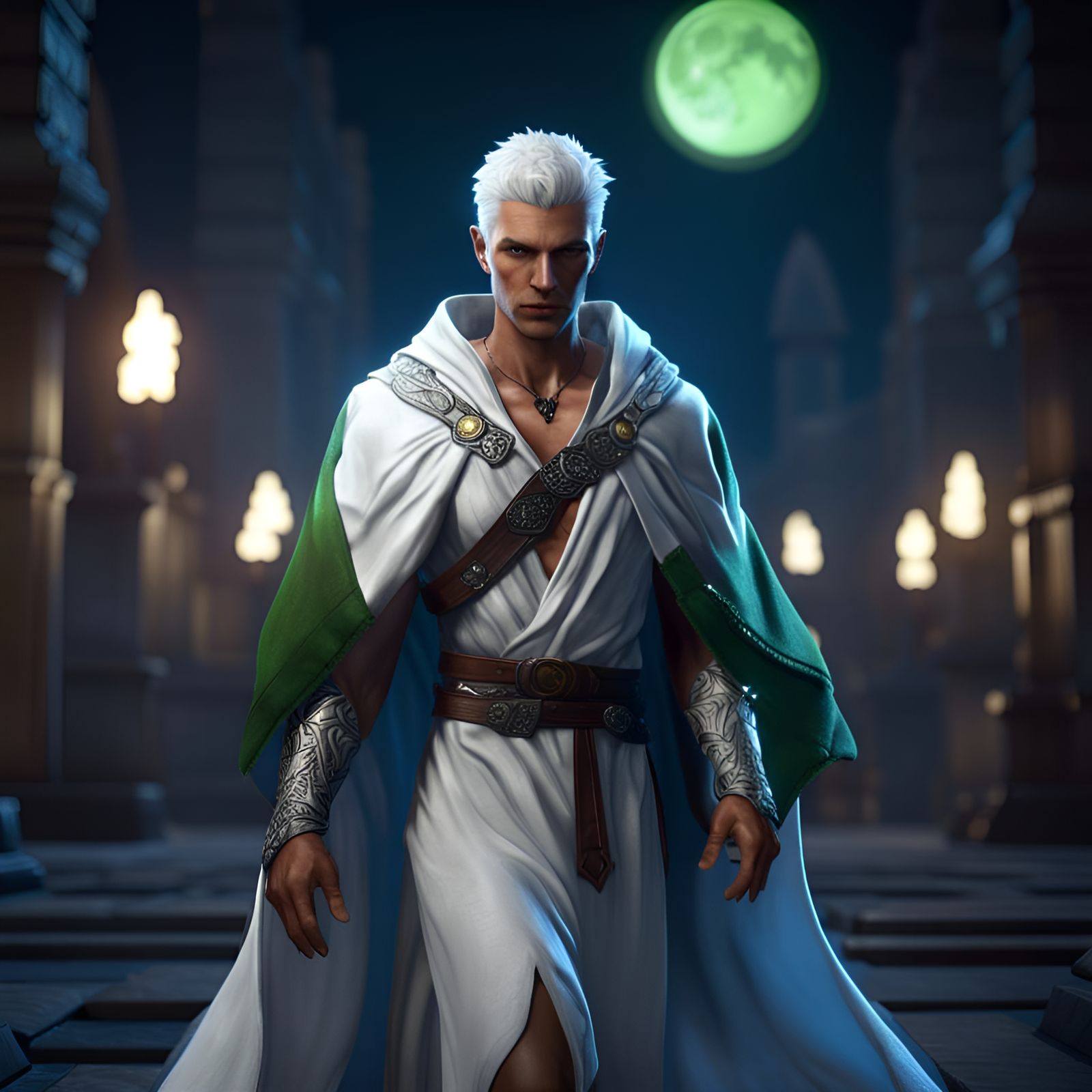 Aasimar with Blue Tattoos Walking Under Moonlight