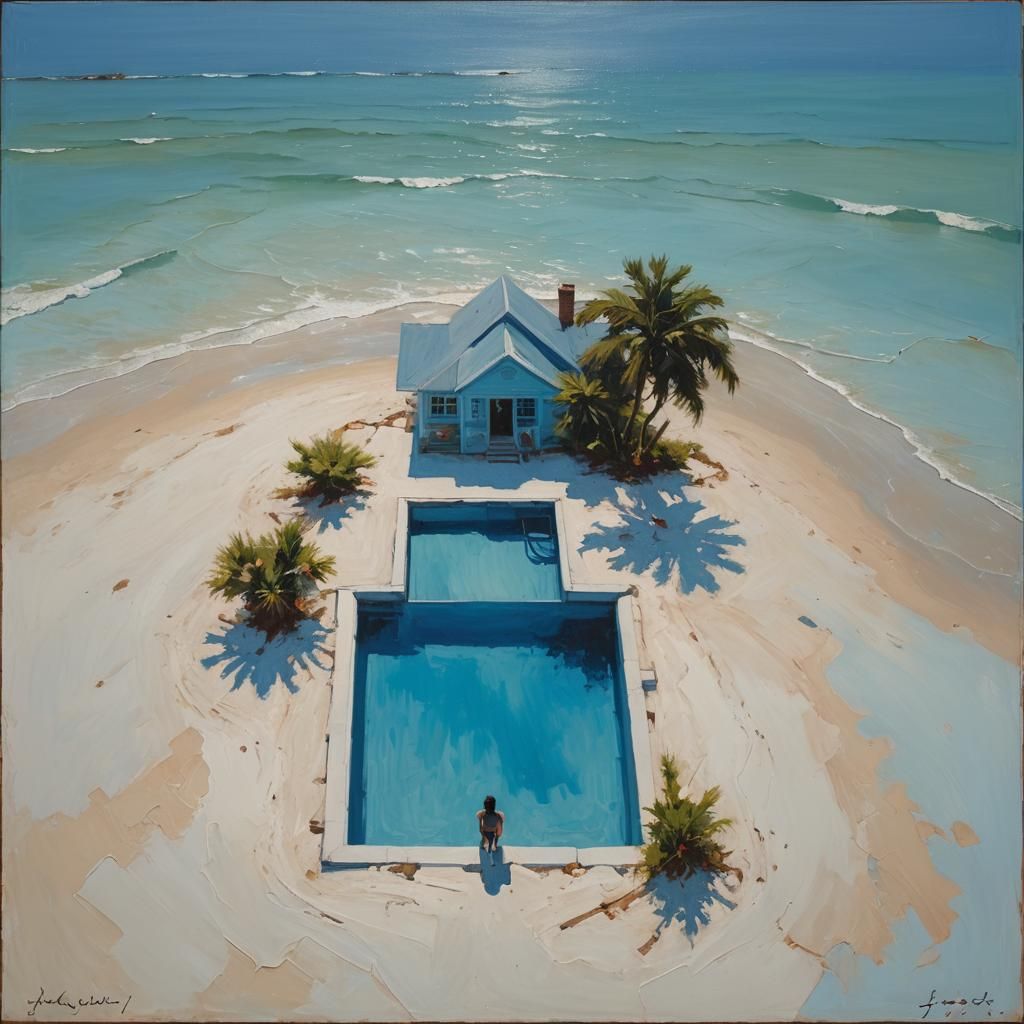 Minimalist Beach House Beside Blue Pool as Oil Painting