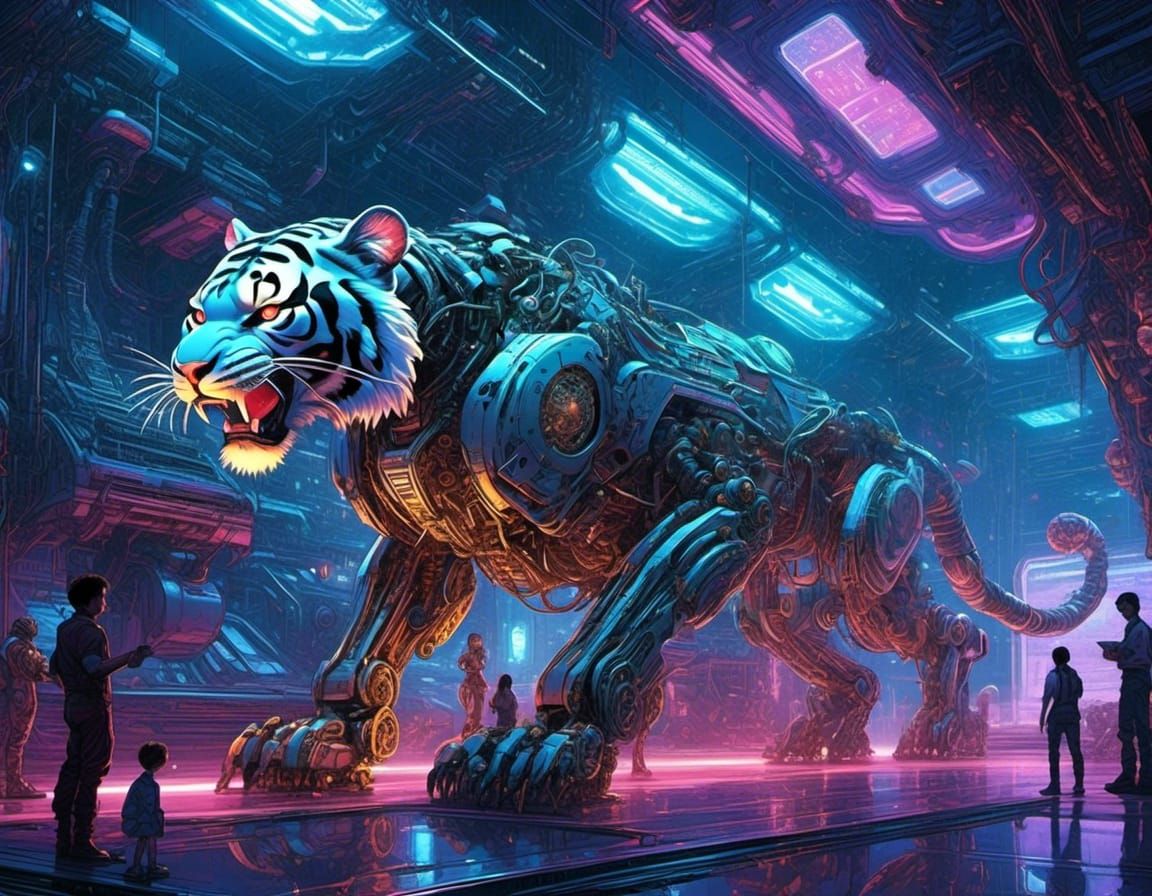Cyberpunk Bioluminescent Tiger in Cybernetic Forest