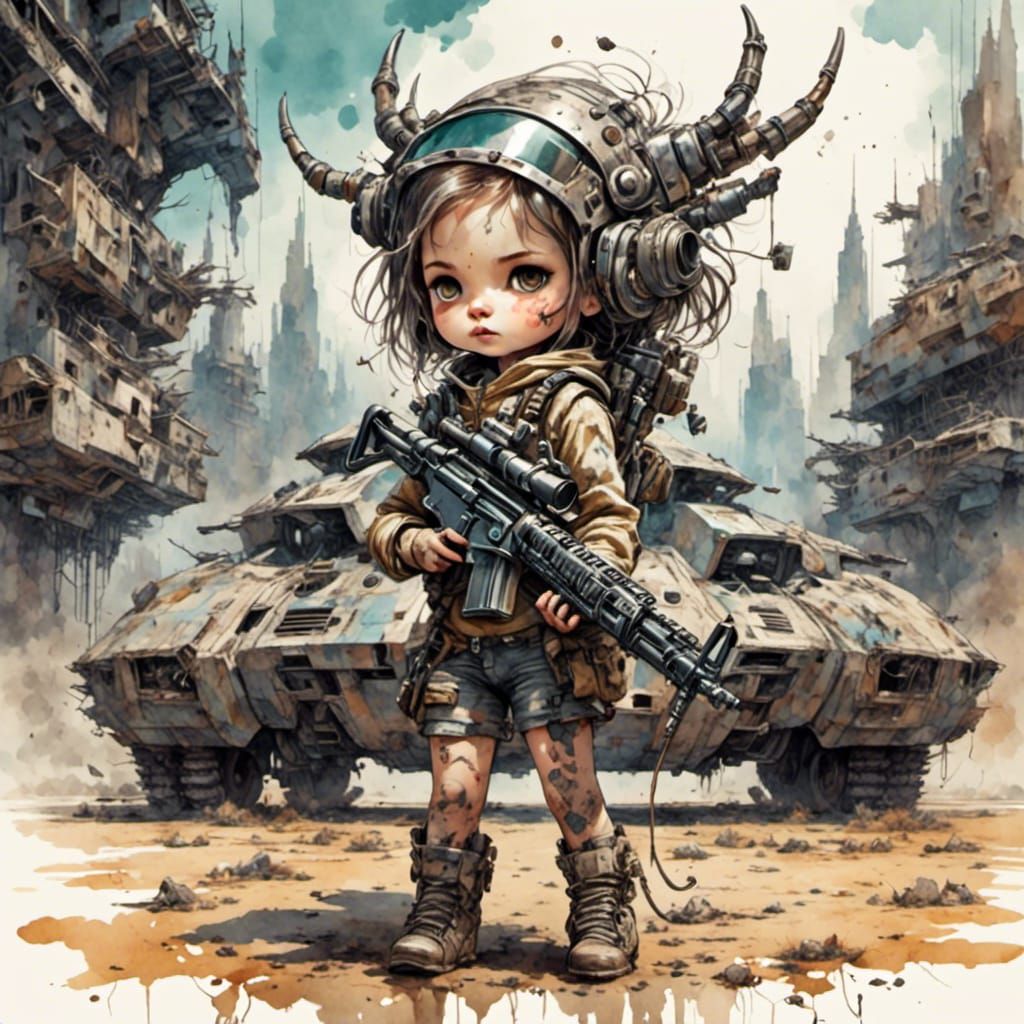 Chibi Cyborg Girl with Gun in Antique Watercolor Style