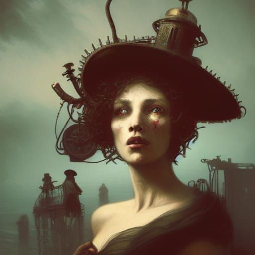 Steampunk Horror Self-Portrait in Engraving Style