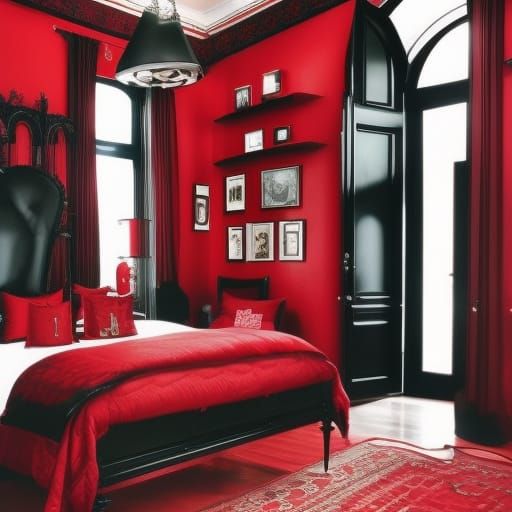 Dark fantasy bedroom with red walls with Black accents& Black Gothic windows with Red Gothic curtains& Black Gothic furn...