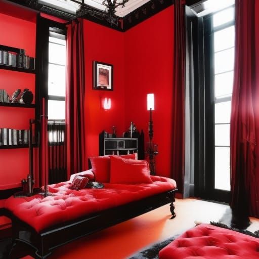 Dark fantasy bedroom with red walls with Black accents& Black Gothic windows with Red Gothic curtains& Black Gothic furn...