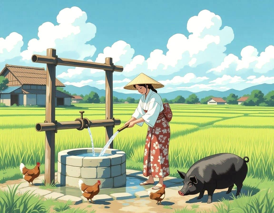 Taiwanese Farmer's Daughter at Well in Rice Field