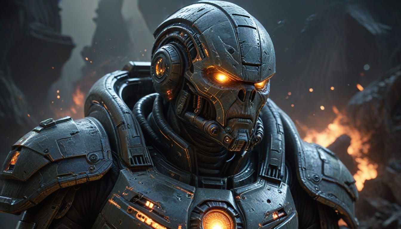 Cyberpunk Space Marine Commander Amidst Alien Onslaught