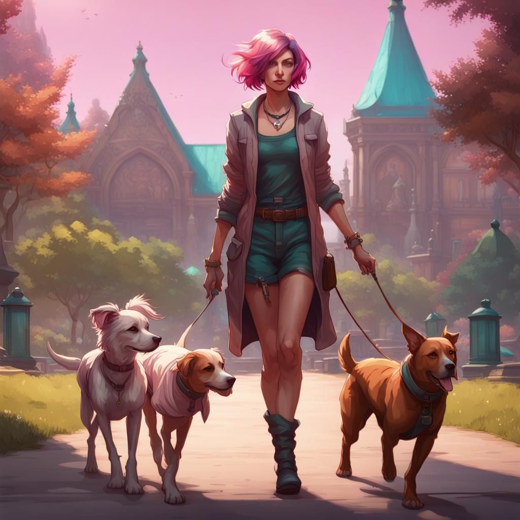 Women Walking Dogs in Hyperdetailed Park Setting