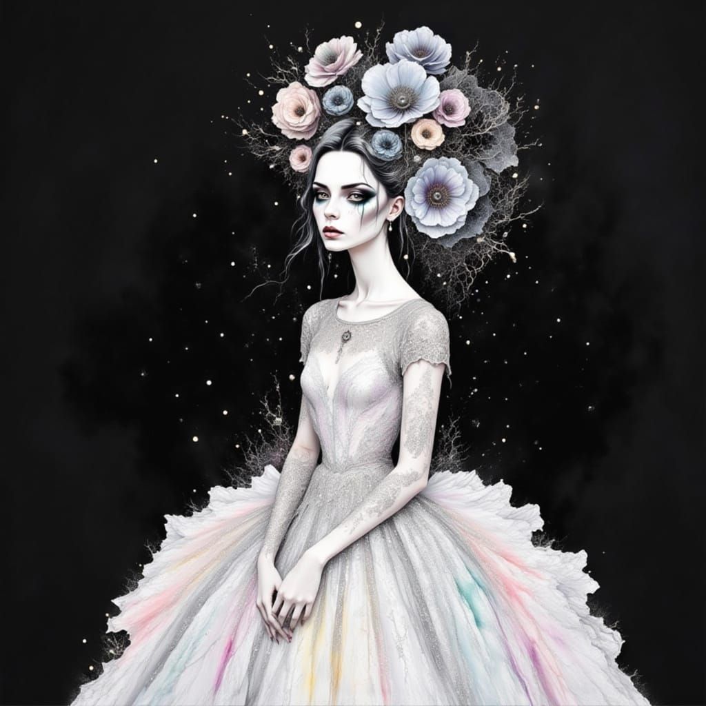 Ghostly Woman with Lace Flowers in Watercolor