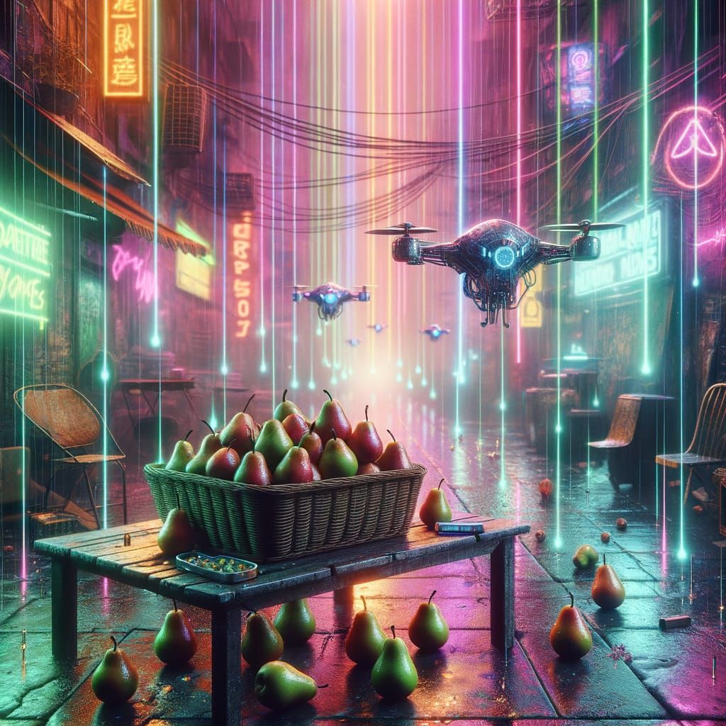 Neon Dystopia: Pears and Drifting Drones