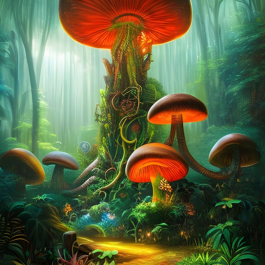 Luminescent Giant Mushrooms in Psychedelic Jungle Art