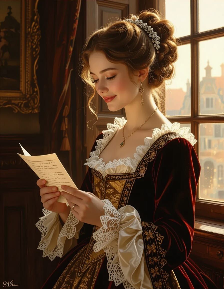 17th Century Woman Reading Letter in Vermeer Style