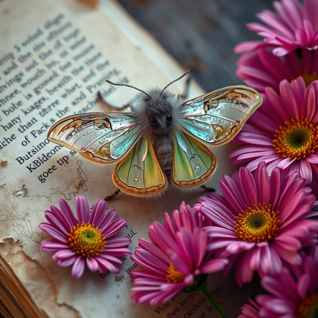 Rainbow Moth on Book Page, Hyperrealistic Candy Style