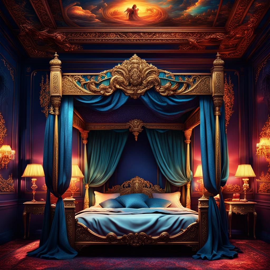 Elegant Lady Asleep in Four Poster Bed: Digital Matte Painti...