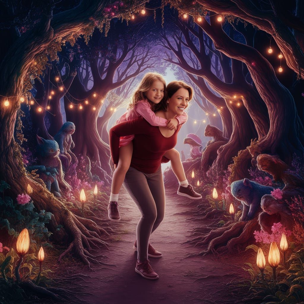 Mother and Daughter's Whimsical Forest Ride in Enchanted Mat...