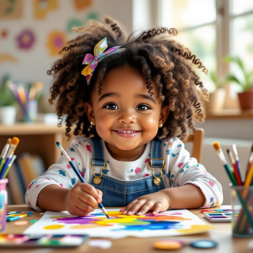 Happy Girl Creates Art in Colorful Classroom