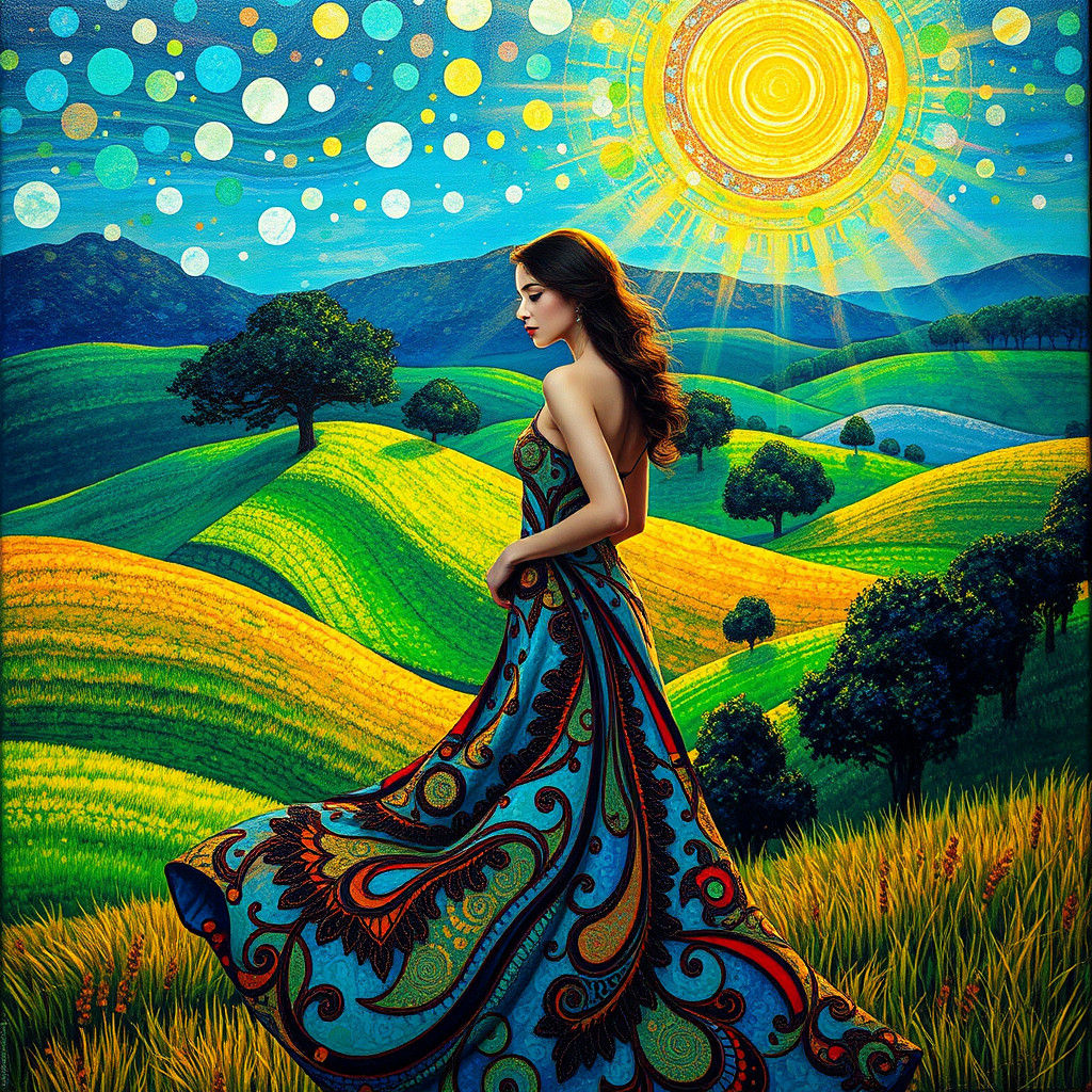 Dreamlike Landscape with Woman in Klimt Style