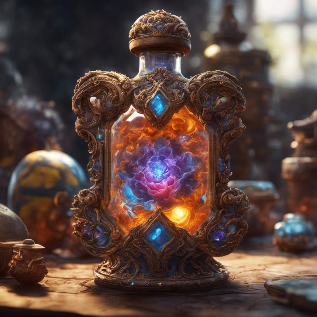 Elaborate Elixir of Life Potion Bottle, Digital Art