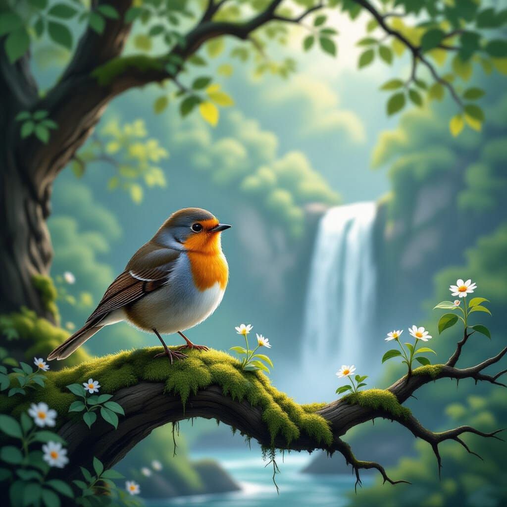 Robin Perched in Forest with Waterfall, Painterly Style
