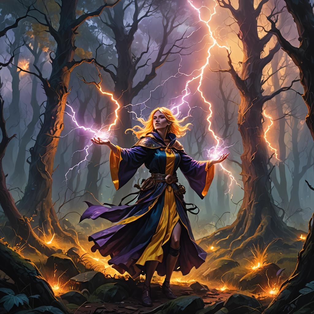 Lightning Witch Summons Storm in Mystical Forest