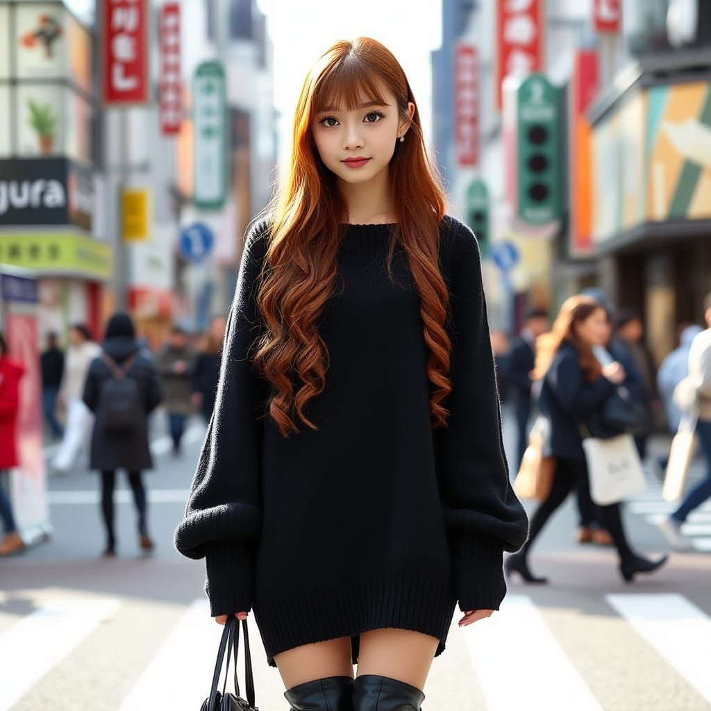 Japanese Woman in Shibuya Crossing with Red Hair